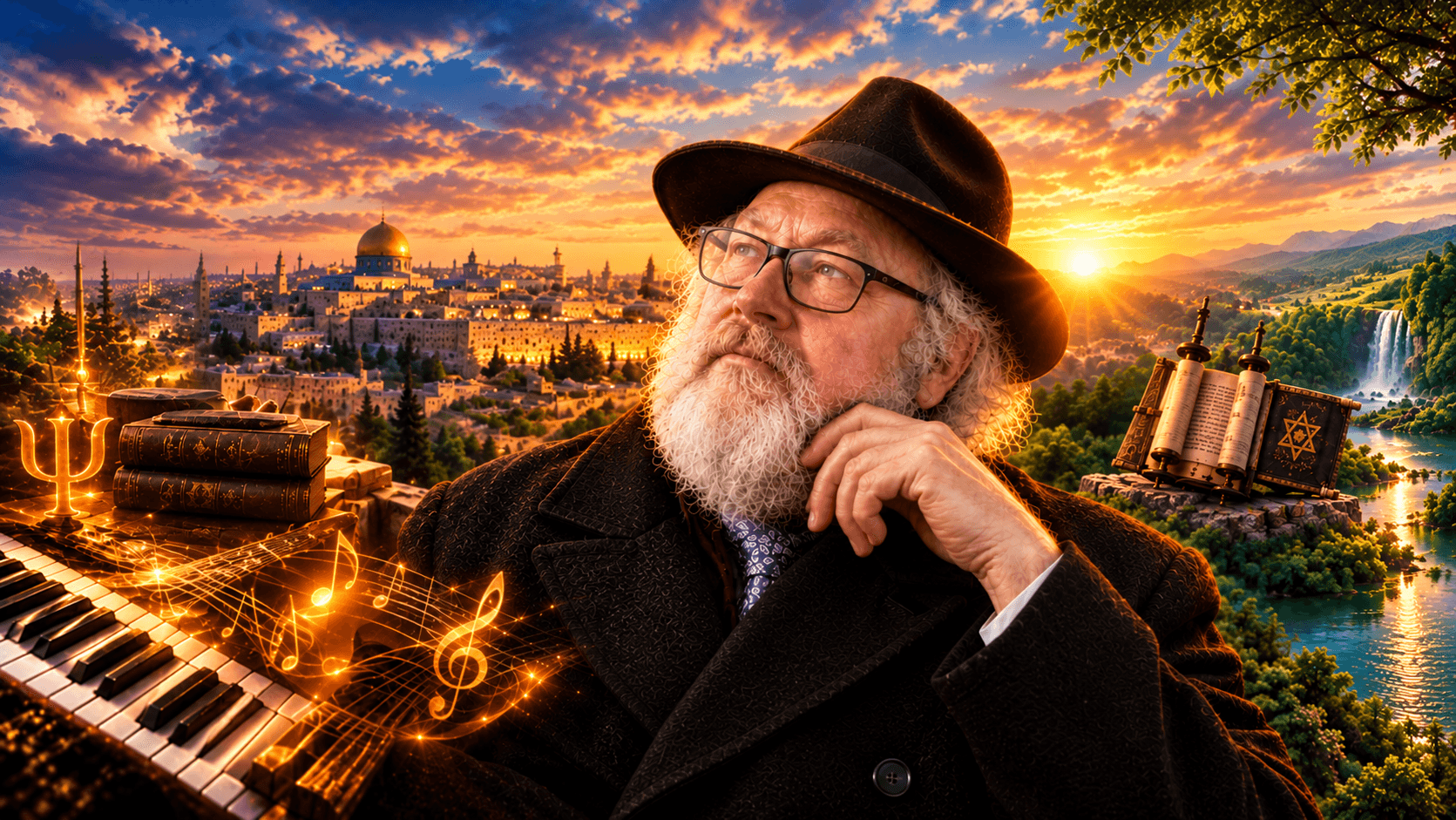 Dr. Waldman in thought, with books, a Torah scroll, music notes and the psychology symbol Psi against a golden sunset over Jerusalem
