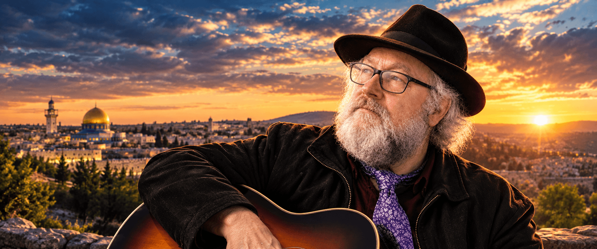 Kalman with a guitar at sunset above Jerusalem